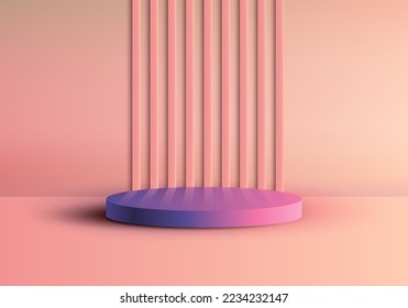 Cilindro 3D realista de color minimalista con gradiente azul y rosado podio con paneles de pared fondo en color beige fondo. Exposición de productos para cosméticos, sala de exposición, pancarta de exposición, presentación, etc