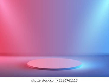 3D realistic modern minimal style empty neon colors podium platform with spotlight on pink and blue gradient background. You can use for technology presentation, showcase mockup, showroom, product