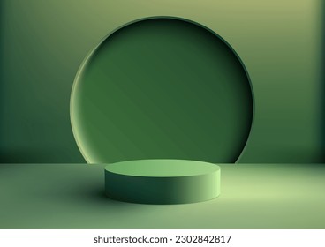 3D realistic modern minimal style empty green podium stand with circle backdrop on green background and lighting. Use for beauty cosmetic presentation, showcase mockup, showroom, product. Vector