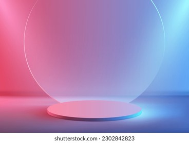 3D realistic modern minimal style empty neon colors podium with transparent glass circle backdrop and spotlight on pink and blue gradient background. Use for technology presentation, showcase. Vector