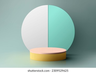 3D realistic modern minimal style empty yellow and pink podium stand with blue and white circle backdrop on blue background and natural lighting. You can use for beauty cosmetic presentation, showcase