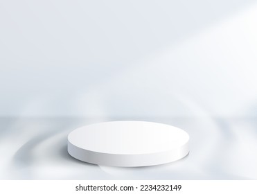 3D realistic modern minimal white cylinder podium platform with smoky elements on clean wall scene background. Product display for cosmetic, showroom, showcase, presentation, etc. Vector illustration