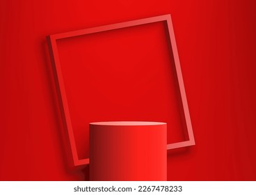 3D realistic modern red cylinder podium stand with red square frame backdrop minimal wall scene background. Product display for beauty cosmetic, studio room, showroom, showcase, presentation, etc.