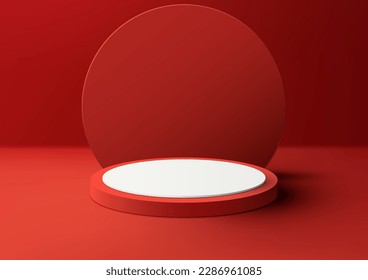 Plataforma de podio 3D realista de estilo moderno vacía rojo y blanco con fondo circular sobre fondo rojo e iluminación natural. Se puede utilizar para presentaciones estéticas de belleza, maquillaje de escaparates, sala de exposición