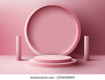3D realistic modern style empty pink podium stand with pink circle backdrop and geometric elements on pink background and natural lighting. You can use for beauty cosmetic presentation, showcase