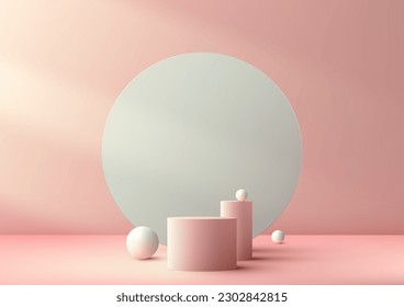 3D estilo moderno real estante vacío de podio rosado con fondo de círculo gris y elementos geométricos sobre fondo rosa e iluminación. Uso para presentación cosmética de belleza, maquillaje de escaparate. Vector