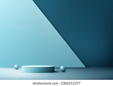 3D realistic modern style empty blue podium stand with backdrop on blue background decoration with balls. Use for cosmetic mockup product display presentation, promotion sale and marketing. Vector