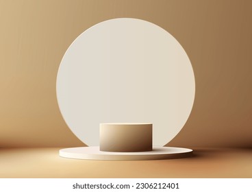 3D realistic modern style empty brown podium stand with white circle backdrop minimal wall scene on beige background. Use for product display presentation, cosmetic mockup, showcase, media. Vector