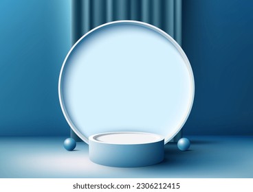 3D realistic modern style empty white podium stand with blue curtain and circle backdrop on blue background. Use for cosmetic mockup product display presentation, promotion sale and marketing. Vector