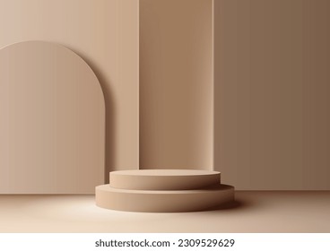3D realistic modern style empty beige color podium stand with geometric rectangle backdrop on brown background and natural light. You can use for beauty cosmetic presentation, showcase mockup, show
