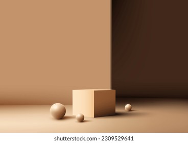 3D realistic modern style empty beige color podium stand with geometric rectangle backdrop decoration with balls on brown background and natural light. You can use for beauty cosmetic presentation