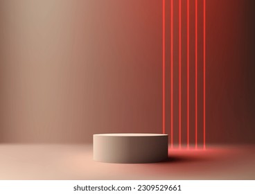 3D realistic modern style empty beige color podium stand with red neon laser lines on brown background and natural light. You can use for beauty cosmetic presentation, showcase mockup, showroom