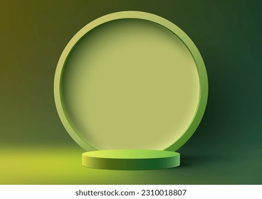 3D realistic modern style empty green podium stand with circle backdrop on green background and natural lighting. beauty cosmetic presentation, showcase mockup, showroom, product stand promotion, etc.