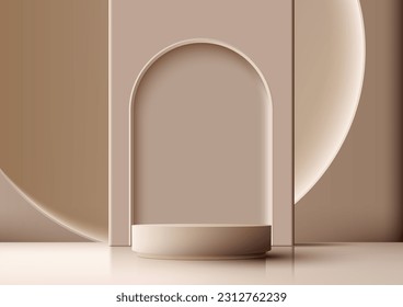 Podio beige vacío de estilo moderno 3D realista con puerta redondeada y fondo de círculo sobre fondo marrón. Uso para presentación de productos maquillaje, belleza cosmética, escaparate, etc. Ilustración vectorial