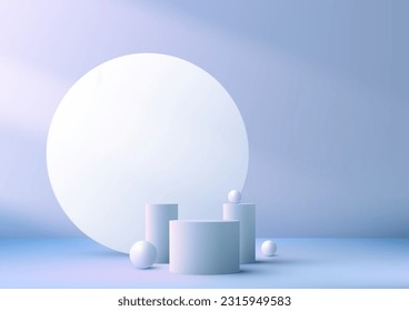 3D realistic modern style empty blue podium stand with white circle backdrop and geometric elements on blue background and natural lighting. Use for beauty cosmetic presentation, showcase. Vector