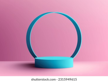 Soporte de podio azul en 3D realista de estilo moderno vacío con decoración en círculo azul sobre fondo rosa e iluminación natural. Se puede utilizar para presentaciones estéticas de belleza, maquillaje de escaparates. Vector