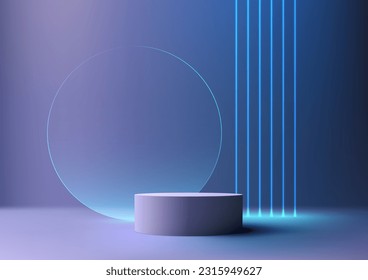 3D realistic modern style empty blue color podium stand decoration with transparent glass circle and blue neon laser lines background. Use for beauty cosmetic presentation, showcase mockup. Vector