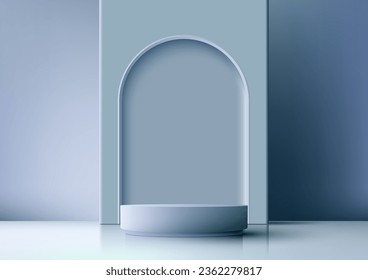 3D realistic modern style empty soft blue podium with door rounded on blue background. You can use for product display presentation mockup, beauty cosmetic, showcase, etc. Vector illustration