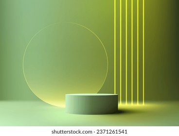 3D realistic modern style empty green color podium stand decoration with transparent glass circle and green neon laser lines background. Vector illustration