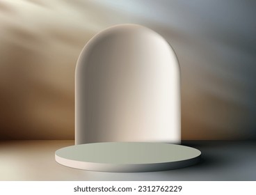 Podio verde claro de estilo moderno 3D realista con fondo redondeado geométrico sobre fondo azul e iluminación natural. Uso para presentación de producto maquillaje, cosmética de belleza, escaparate. Vector