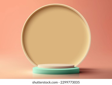3D realistic modern style products display blue podium steps stand with yellow circle backdrop minimal wall scene on pink background. You can use for product presentation, cosmetic display mockup