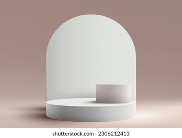 3D realistic modern style white podium with white rounded geometric backdrop on beige background. Use for product display presentation mockup, beauty cosmetic, showcase, etc. Vector illustration