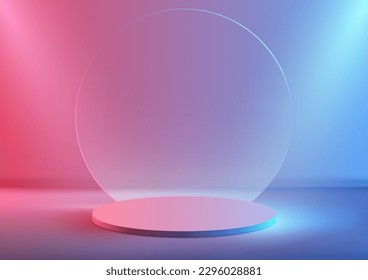 3D realistic modern technology style empty neon colors podium platform with circle transparent glass backdrop and spotlight on pink and blue gradient background. You can use for technology