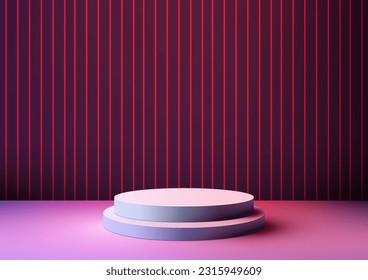 3D realista estilo de tecnología moderna estante vacío de podio azul con líneas láser de neón rojo fondo sobre fondo oscuro. Uso para presentación, maquillaje de escaparate, sala de exposición, promoción de stand de productos. Vector
