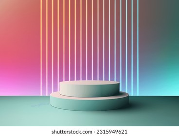 3D realistic modern technology style empty blue podium stand with neon laser lines backdrop on vibrant colors background. Use for presentation, showcase mockup, showroom, product stand. Vector