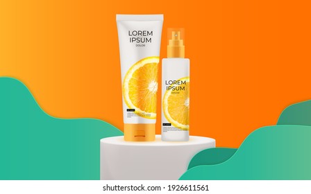 Fondo De Botella De Crema Naranja De Vitamina C Moderna Realista 3D. Plantilla de diseño de productos cosméticos de moda. EPS10 de ilustración vectorial