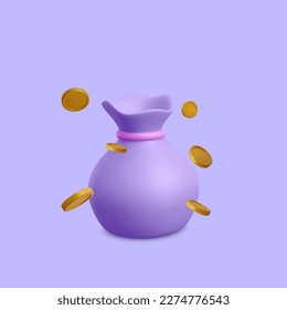 3d realistic money bag with falling golden coins in cartoon style. 3d realistic money object for poster or banner. Vector illustration