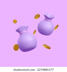 3d realistic money bags with falling golden coins in cartoon style. 3d realistic money object for poster or banner. Vector illustration