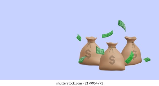 3d realistic  money bags with green dollars banknote currency. Vector illustration