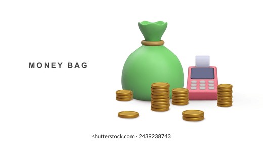 Concepto de ahorro de dinero realista 3D. bolsa de dinero, pilas de monedas y terminal pos sobre fondo blanco. Ilustración vectorial.