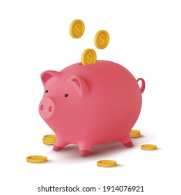 3d realistic moneybox in the form of a pig and coins falling, isolated on white background, vector illustration.