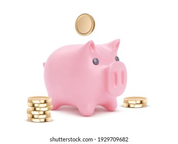 3d realistic moneybox in the form of a pig and coins falling, isolated on white background. Vector illustration