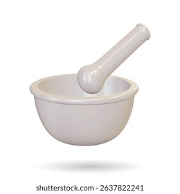 3d Realistic mortar and pestle. Vector illustration. Advertising for hospital or pharmaceutical company. Sign for pharmacy. Porcelain mortar and pestle.