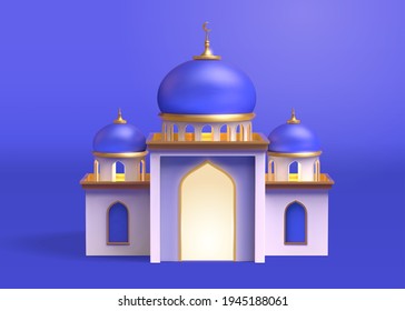 3.ª construcción de mezquitas realistas aisladas de fondo azul. Elemento de arquitectura para eventos islámicos y festividades de Ramadán.