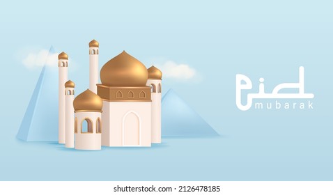 3D Realistic Mosque Display for Eid Mubarak Poster Design Vector Illustration in Blue Pastel Background