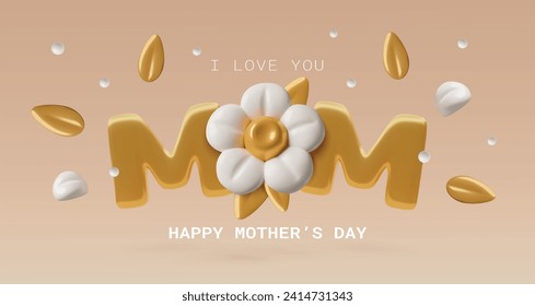 3D Realistic Mother's Day concept with gold mom word, spring blossom and leaves. Three dimensional greeting card or banner with white flower on peach color background. Vector illustration.