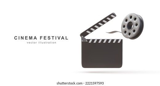 3d realistic Movie cinema festival poster Film reels and cinema clapper. Vector illustration.