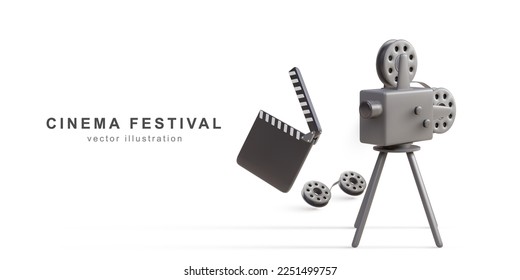 3d realistic Movie cinema festival poster retro camera, Film reels and cinema clapper. Vector illustration.