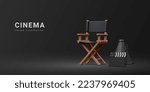 3d realistic movie industry concept. Cinema production design concept. Director chair, clapperboard and megaphone in volumetric light on black background. Vector illustration