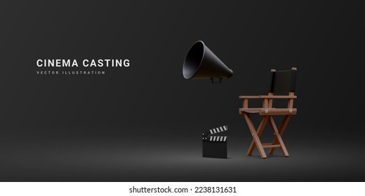 3d realistic movie industry concept. Cinema production design concept. Director chair, clapperboard and megaphone in volumetric light on black background. Vector illustration