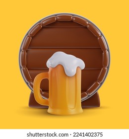 3d realistic mug of beer with wood barrel isolated on color background. Set design elements in minimal cartoon glossy style. Vector illustration.