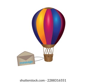 3D realistic multi-colored balloon with a brown gondola and a hanging banner with the inscription "message". Vector illustration