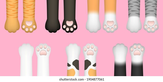 3D realistic multi-colored cat paws, legs, dog paws, kitten footprint set isolated on pink background. Vector illustration for domestic animal, pet concept.