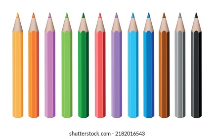 3d realistic multicolored pencil collection. Volumetric wooden objects for writing and drawing. Stationery tool. Back to school vector illustration isolated on white background.