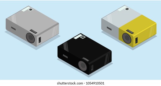 3d realistic multimedia sparkling shine video projector in three colors. Modern isometric style vector illustration icons. 
Isolated on blue background. Equipment for home cinema and movie.