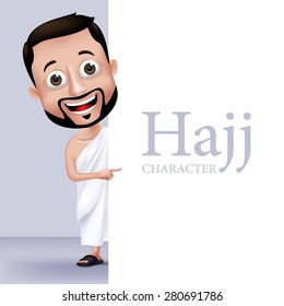 3D Realistic Muslim Man Character Wearing Ihram Clothes Performing Hajj or Umrah Holding White Space Background for Texts. Editable Vector Illustration